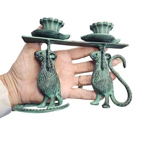 2 Mouse Candle Holder San Pacific L👀K 🐀🐀 Bronze Green Patina Christmas